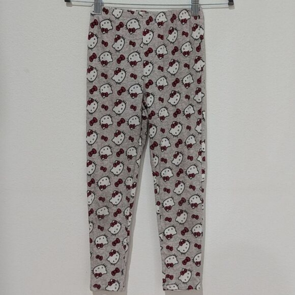 Hello Kitty Sanrio Girl's Grey White Red Ribbed Cotton Leggings 8/10